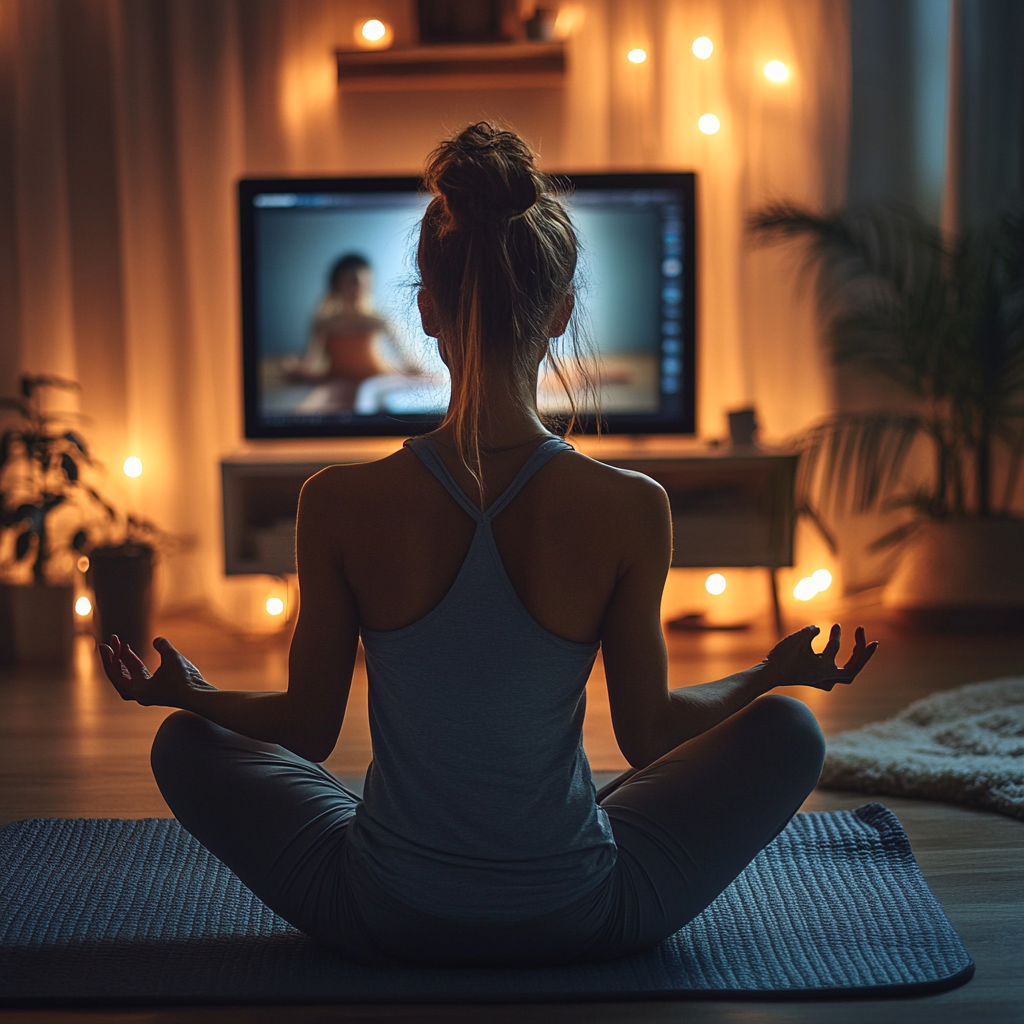 Людина практикує йогу вдома перед екраном комп'ютера, підключившись до онлайн заняття