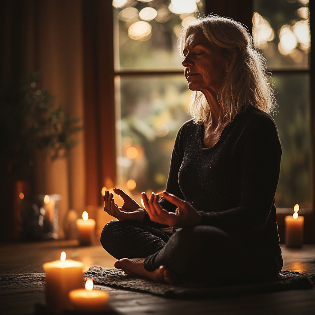 Жінка медитує в позі лотоса в тихому затишному приміщенні з свічками