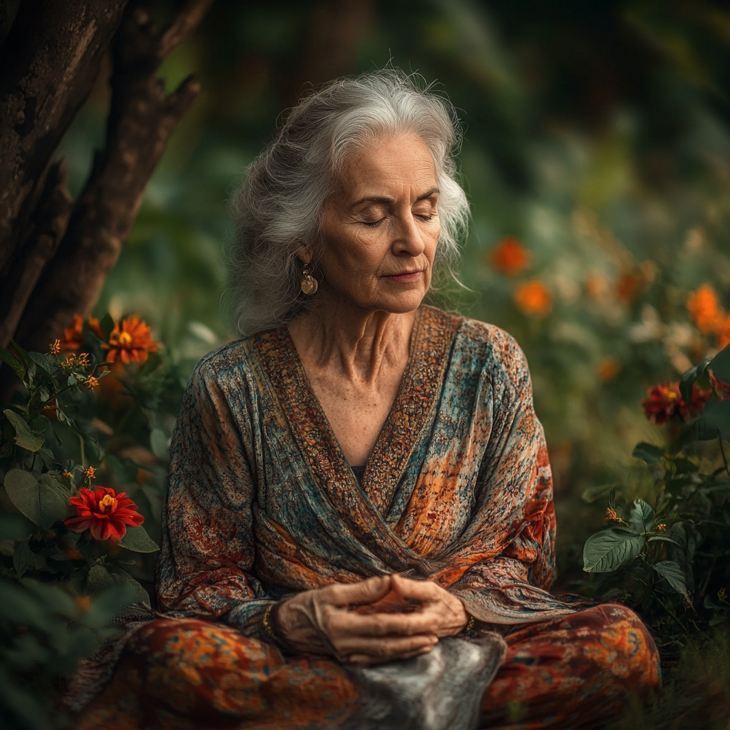 Медитація на природі серед зелені та квітів, символ гармонії та внутрішнього спокою